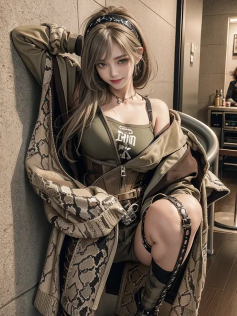 (Smiling with teeth showing:1.3),(Shibuya Gal:1.5)、(Beautiful:1.5)、(Neo-goth fashion:1.5)、(Punk RockVisual Kei:1.5)、(An off-the-shoulder hoodie in khaki and brown with delicate silver accessories.:1.5)、(A corset with a delicate beige and brown design:1.4)、...