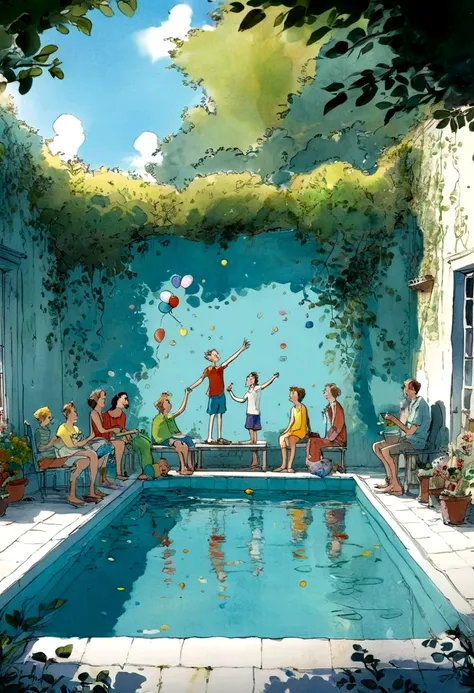 get together with friends, Pool, celebrate, by Quentin Blake, full body, cinematic still, cinemascope, best quality, masterpiece, very aesthetic, perfect composition, intricate details, ultra-detailed, vivid colors