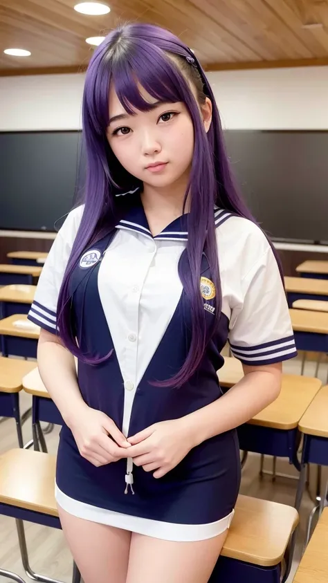 An eighteen-year-old young woman with long purple hair in a sailor suit sits in a classroom (school 1.5 in the background) (expression serious, cold 1.5) (best quality: 1.1) (masterpiece: 1.3) with an unparalleled masterpiece, surreal 8K, perfect artwork, ...