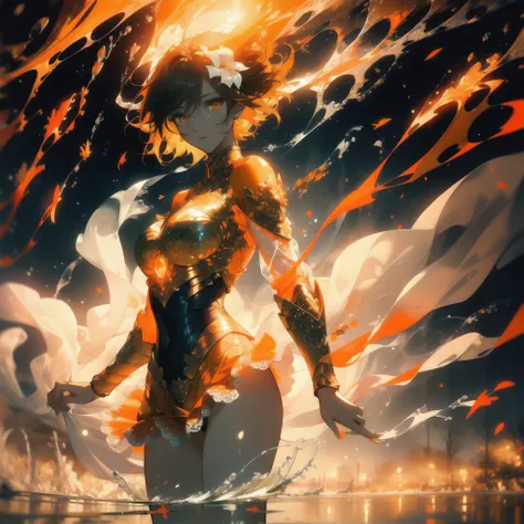 ((masterpiece, best quality)), Epic battlefield atmosphere，Delicate face，goddess，sunshine，orange color，whole body，Standing picture，glowing eyes，Handsome short hair，Perfect body proportions，Pure white background，Water Ripples，Lace，flower，Fallen Leaves