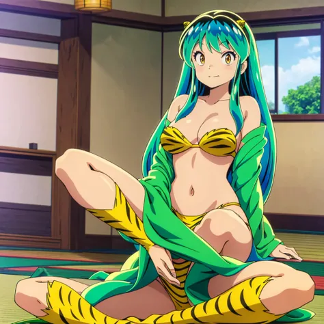 masterpiece, Highest quality, 1 Girl, Lum,Micro Bikini, ,Mature,  Indian style, sitting, anime, sexy, High definition, Japan, smile, Green Hair, living room、 whole body, Japan