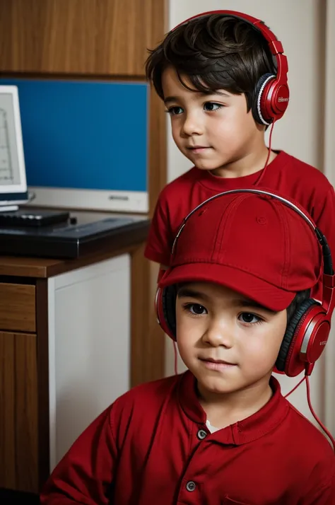 Drawing of a boy dressed in red listening to music 