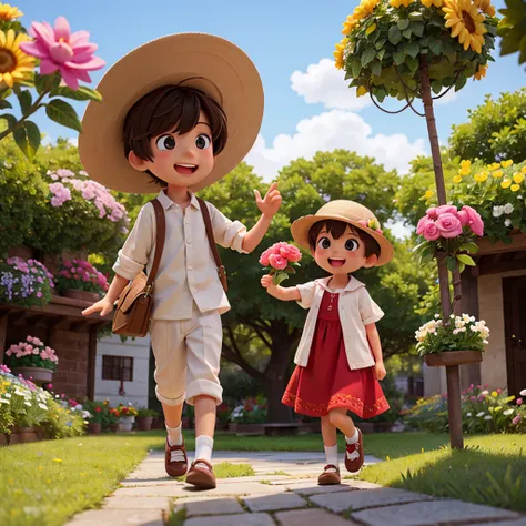 Girl and boy in the flower park, happy