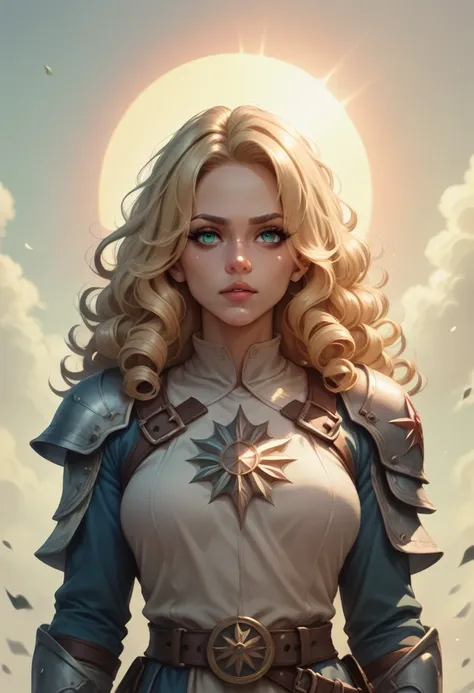 Woman with blonde curly hair, of eyes, Sun God warrior