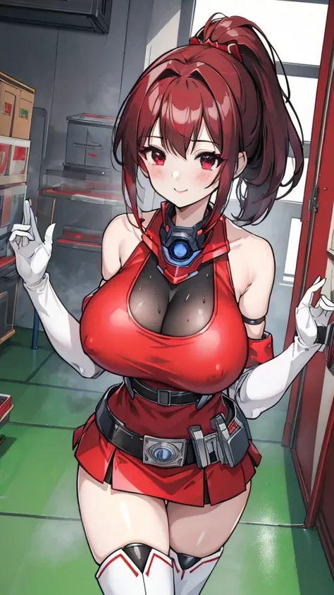 18 year old girl，baby face，dark red hair，Ponytail hairstyle，Zhangzui smile，Huge breasts，Cleavage，Transparent red sleeveless top，Leave space in the middle to reveal Cleavage，Soaked all over，blush，Red eyes，female spy，red miniskirt，White gloves，White hand sle...