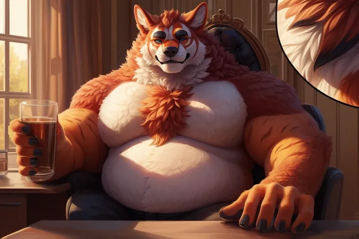 a close up of a person sitting in a chair with a glass, furry chest, pov furry art, thick furry neck and chest fluff, thicc, flu...