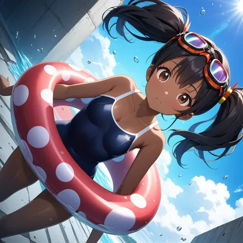 1girl、Black Hair、Pigtails、Navy blue school swimsuit、Brown Skin、Red polka dot swim ring、Black underwater goggles、blue sky、concrete、deep faint light 、 detailed CG、high resolution