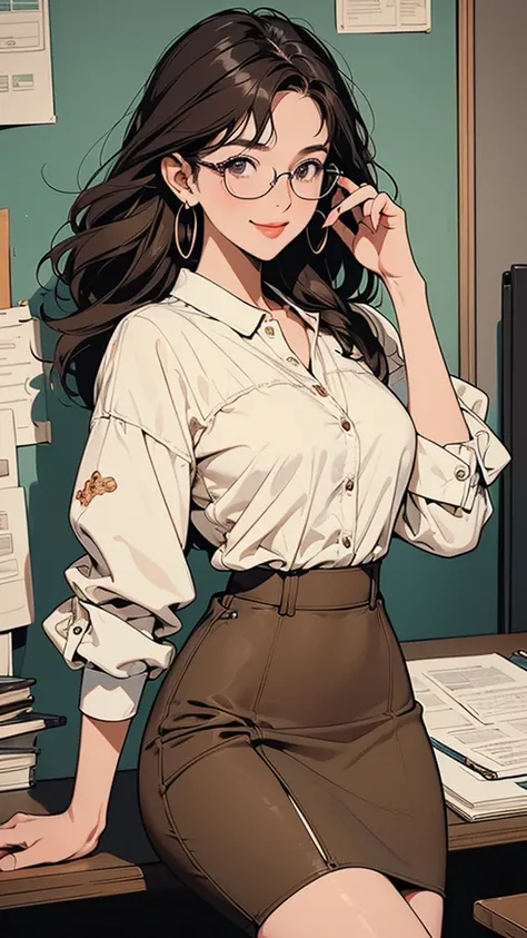 1 sitting woman, (Touch the rim of your glasses with your fingertips), secretary, (office casual) No sleeve, Stylish clothing, (Pencil Skirt), (ID card) strap, (Mature Woman:0.8), /(Dark brown hair/) bangs, A kind smile, (Round Glasses:1.1) Glasses, (Maste...