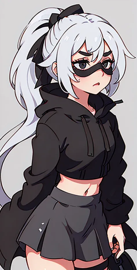 For a girl who has voluminous white hair tied in a ponytail, wears a black blindfold, Wearing black clothes and a sexy black skirt