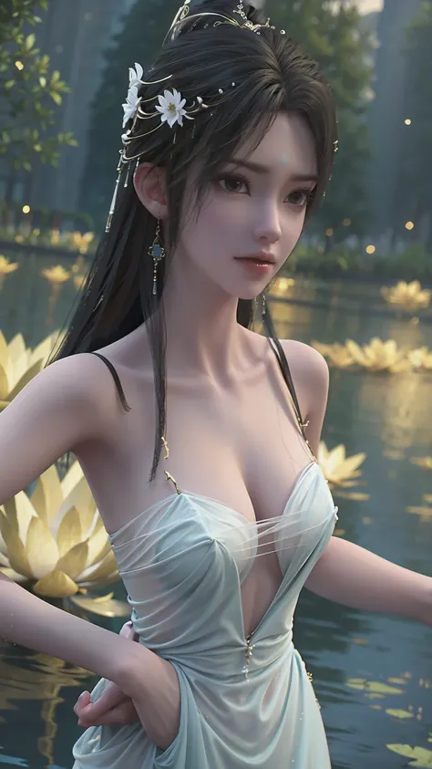 a woman bathing in water, shoulders and above exposed, wearing a sheer silk dress, hands covering chest, glowing golden lotus flowers on the water surface, only shoulders and above visible in the water, wearing a white sleeveless sheer silk nightgown, deta...