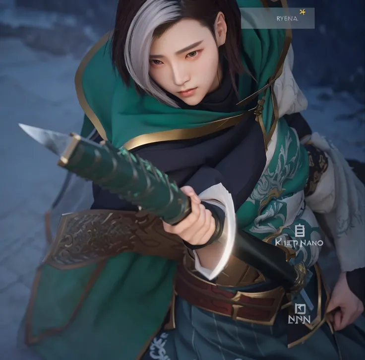 1 girl, a close up of a person holding a knife and a sword, xianxia hero, sylas, inspired by Huang Shen, style of kieran yanner, ingame image, zhao yun, wild rift, tane skin, katarina, inspired by Shen Zhou, main character, inspired by Li Kan, katana zero ...