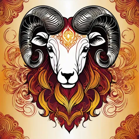 Fierce ram composed of flame patterns, Art Nouveau-inspired linework, passionate and dynamic, flickering fire illumination, intricate swirling designs, gradient of warm yellows to deep reds, centered chest and upper back print, embossed metallic effect, el...