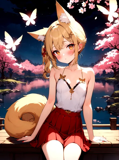 (masterpiece, best quality) junior,detailed, (beautiful,small breasts), blonde,long hair, side ponytail(tied to the left),Hairpin decoration with gold butterfly, elegant, (fox ears),nine tailed fox tail, red eyeshadow, golden eyes, femur，white shirt,free,r...