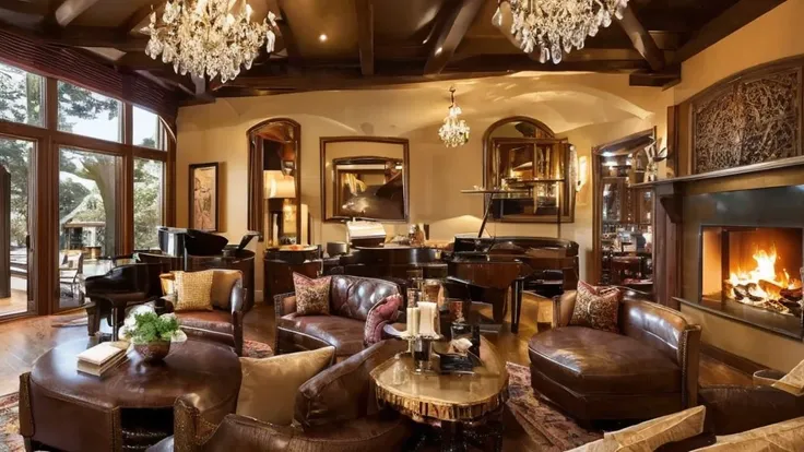 In this sophisticated, dim-lit, and cozy jazz lounge, the ambiance is set by the soft glow of one vintage chandelier hanging above a grand piano. The room is filled with the soothing melody of a lone pianists fingers dancing on the ivory keys, creating an ...