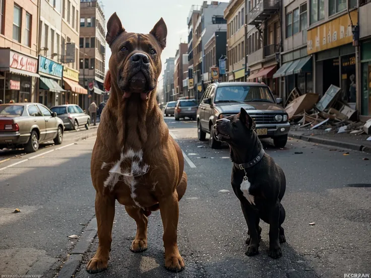 a human dog, de raza american bully, standing on its 2 hind legs,that this muscular, big and broad head, small, erect ears, showing skill, High quality image, very bright, in the middle of a destroyed and burning street, Pose 3/4, color style identical to ...