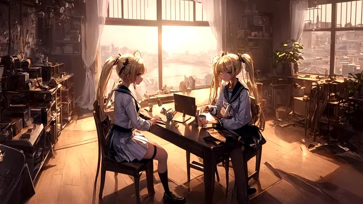 (Highly detailed CG Unity 8k wallpaper,masterpiece, Highest quality, Super detailed),School classroom atmosphere,wood々Sunlight shining through the gaps,A beautiful blonde high school girl with twin tails and ahoge(D Cup),Smartphone in hand,Tinker,Beautiful...