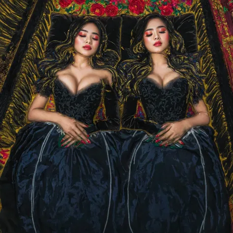 In a striking 8K HDR scene, a stunning Korean woman, 22 years old, lies peacefully in a black coffin surrounded by plush pillows. The deep box is set against a rich black background, accentuating the beauty of the subject. Her exquisite kebaya attire is em...