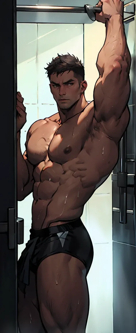 hot muscular male, exaggeratedly tall man, at shower, dark image