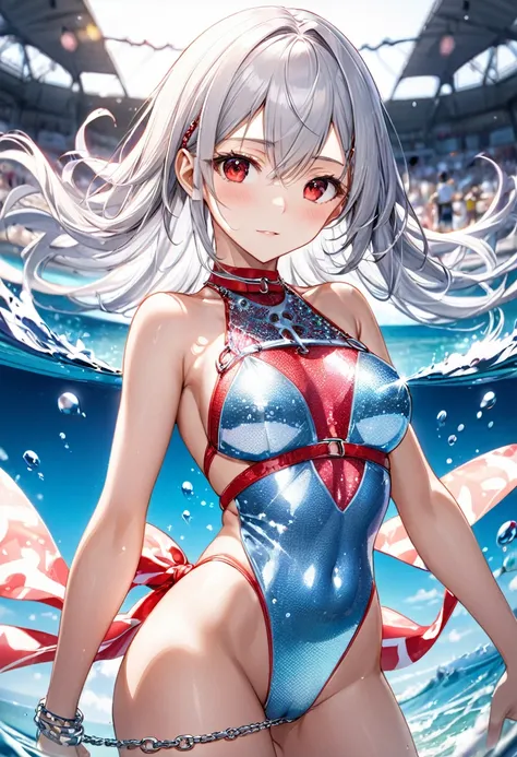 (pov Swimwear style) (beautiful body), (solo:2, 16 yo, hime cut silver hair hair long hair divine fighter girl, cool red eyes, serious face, medium tits), (in a Crystalline detailed one piece Layered Dress swimsuit, detailed sequin body chain), break, in t...