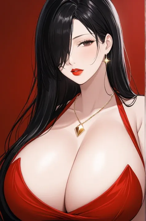 1girl in, Solo, Jewelry, Black hair, Necklace, Red lips, Long hair, lip stick, makeup, Upper body, Closed mouth, Red dress, Hair over one eye, clavicle, Dress,Red Theme,bad-girl,Shiny skin,(maturefemale),silky hair,huge breasts 