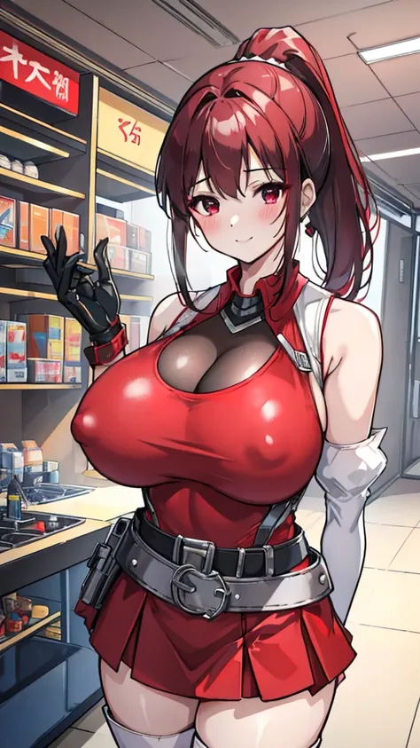 18 year old girl，baby face，dark red hair，Ponytail hairstyle，Zhangzui smile，Huge breasts，Cleavage，Transparent red sleeveless top，Leave space in the middle to reveal Cleavage，Soaked all over，blush，Red eyes，female spy，red miniskirt，White gloves，White hand sle...