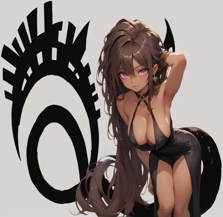 1 adult anime girl, standing alone, gazing at viewer, black tail, strong purple eyes, breasts big, black gown, Twisted and crossed dumbbell, long hair, Long dark brown hair, ((darkskin)).