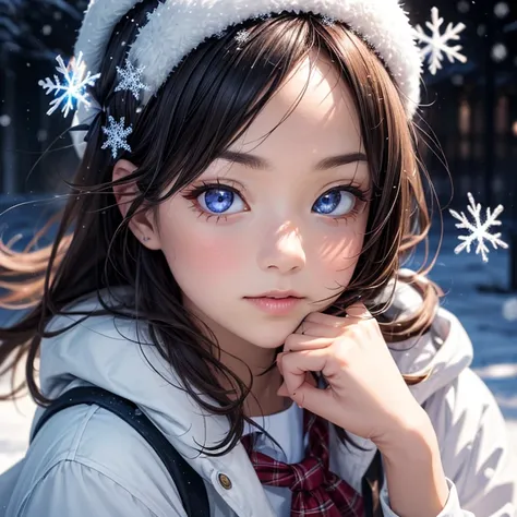 ExtremelyDetailed KAWAII SchoolGirls standing in (Sparkling snow dust), Stunning detailed eyes with (Sparkling Highlights:1.28), beautiful detailed lips, extremely detailed eyes and face, double eyelids with Detailed Long Eyelash, rosy cheeks, Radiant Pear...