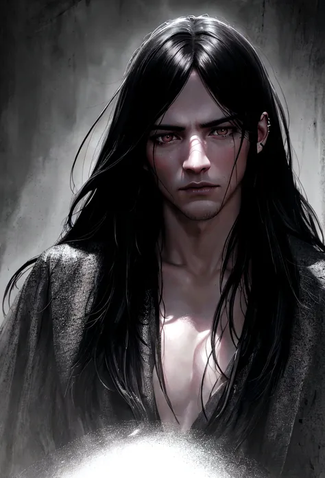 a handsome man with long black hair, piercing white eyes, detailed face, dramatic lighting, cinematic style, fantasy, dark, mysterious, (best quality,4k,8k,highres,masterpiece:1.2),ultra-detailed,(realistic,photorealistic,photo-realistic:1.37),dramatic lig...