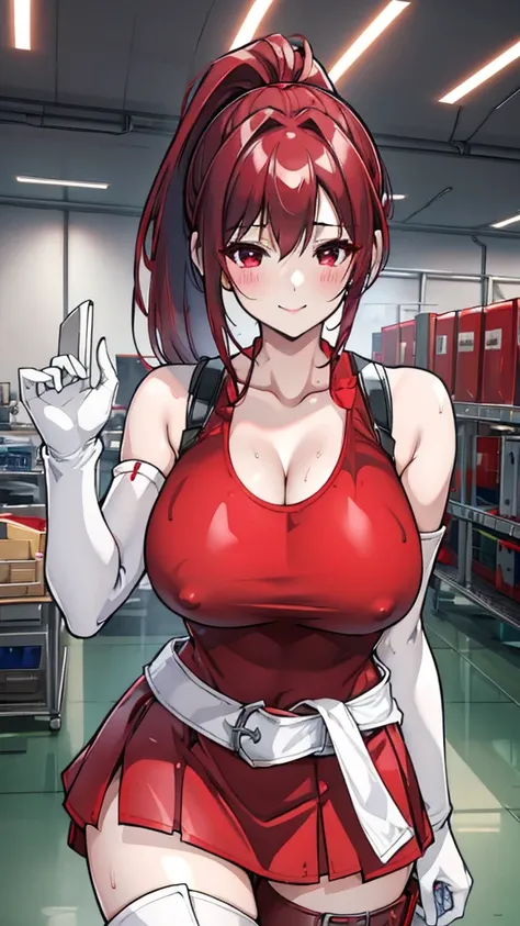 18 year old girl，baby face，dark red hair，Ponytail hairstyle，Zhangzui smile，Huge breasts，Cleavage，Transparent red sleeveless top，Leave space in the middle to reveal Cleavage，Soaked all over，blush，Red eyes，female spy，red miniskirt，White gloves，White hand sle...