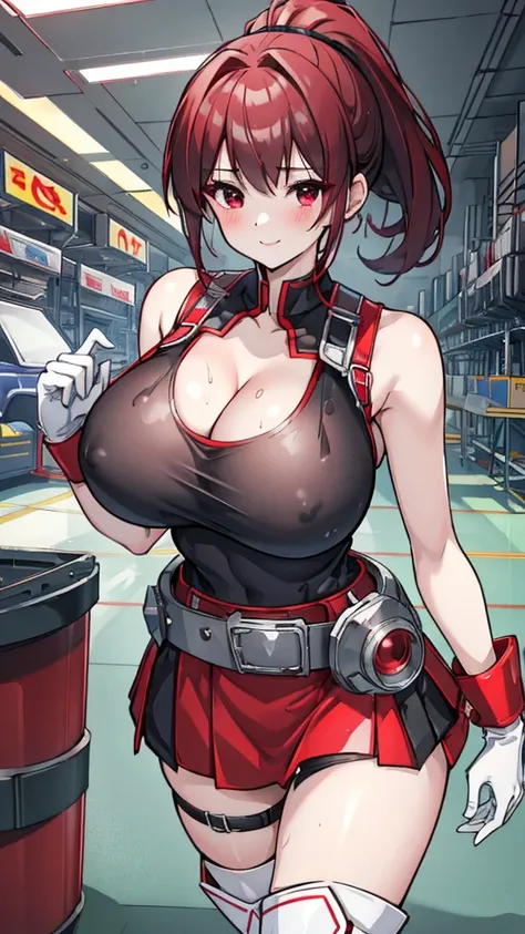 18 year old girl，baby face，dark red hair，Ponytail hairstyle，Zhangzui smile，Huge breasts，Cleavage，Transparent red sleeveless top，Leave space in the middle to reveal Cleavage，Soaked all over，blush，Red eyes，female spy，red miniskirt，White gloves，White hand sle...