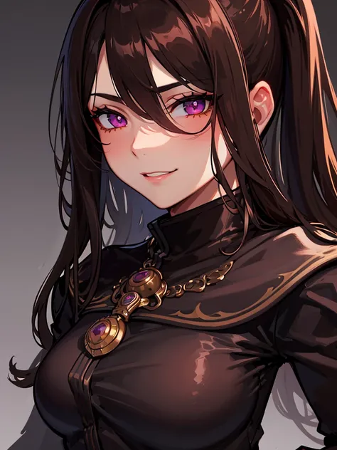 ((masterpiece)), ((best quality)), 1girl, adult, long hair, big bust, ((brown hair)), ((intimidant look)), ((close-up)), profile image, black and red clothes, sexy, dark colors, ((coat with fur)), ((wavy hair)), exposed skin, ((sexy pose)), good anatomy, (...