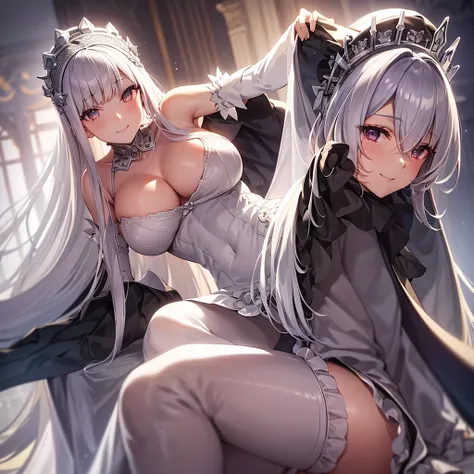 crown half up hairstyle, Perfect body, single human girl, white and silver hair, seductive smile, large breasts, silver eyes, extremely detailed lace, maid headdress, looking over eyeware, Cloak, elbow gloves, frilled dress, Garter, red Clothes, dusk, dusk...