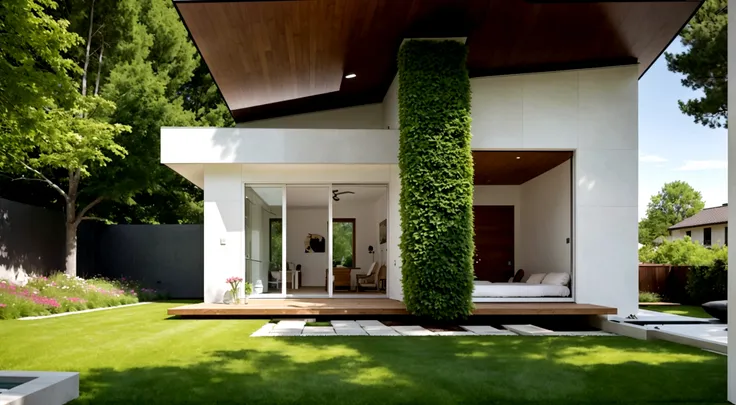 A single-story house with a flat roof, featuring white and brown walls with decorative stone elements. The house has large glass doors and windows, wooden ceilings, surrounded by trees, flowers, and a grassy lawn. The scene is bathed in soft, gentle light ...