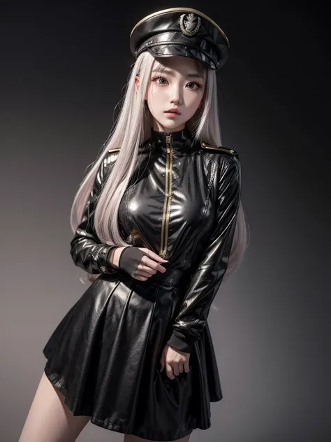 marin kitagawa sono bisque doll ,a beautiful, attractive, slender woman with long silver hair, pink eyes heterochromia with a military style black overcoat with gold details, buts extra large,black low-cut bodice with silver details, long skirt with black ...