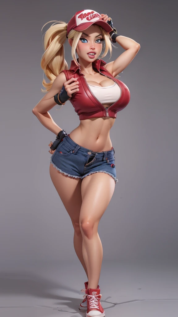 (masterpiece), best quality, expressive eyes, perfect face, highres, (8k), (perfect face), (ultra details), 1 girl, solo, terry bogard girl, blonde hair, ponytail, blue eyes, long hair, baseball cap, fingerless gloves, denim shorts, shoes, 
, blushing, fri...