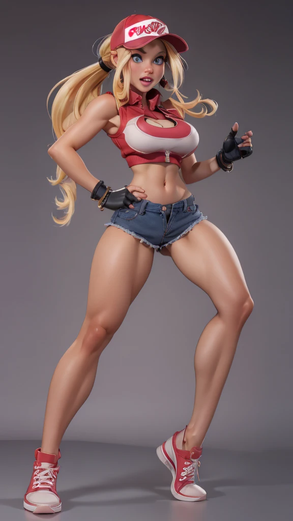 (masterpiece), best quality, expressive eyes, perfect face, highres, (8k), (perfect face), (ultra details), 1 girl, solo, terry bogard girl, blonde hair, ponytail, blue eyes, long hair, baseball cap, fingerless gloves, denim shorts, shoes, 
, blushing, fri...