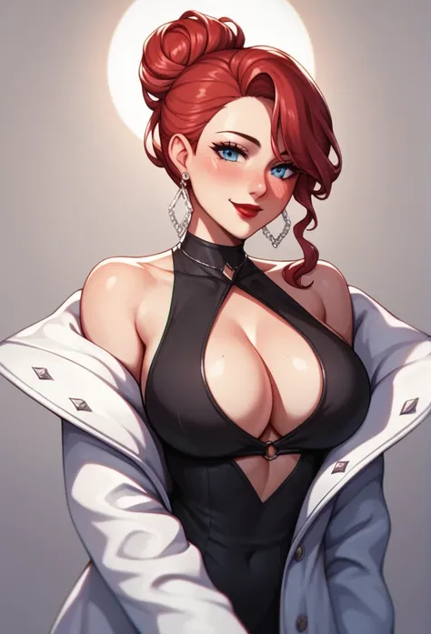 Hot sexy beautiful one women,  long silver chandelier earrings,big breasts, ,red hair ,  hair bun,blush,blue eyes, smiling,red lipstick, white coat, black shirt, long sleeves