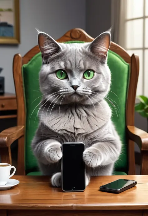 masterpiece, best quality, cartoon, ultra detailed, (symmetry:1.1), animal, gray cat holding  Mobail, green eyes, cat ears, whiskers, white chair, wooden table, Phone, Mobail Phone