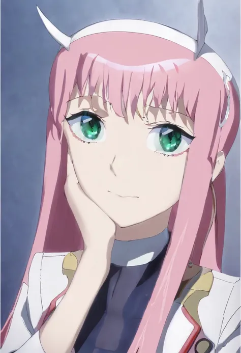 1girl, solo, zero_two_(darling_in_the_franxx), horns, long_hair, looking_at_viewer, bangs, hairband, closed_mouth, pink_hair, green_eyes, phone_screen, blue_eyes, portrait, white_hairband, aqua_eyes