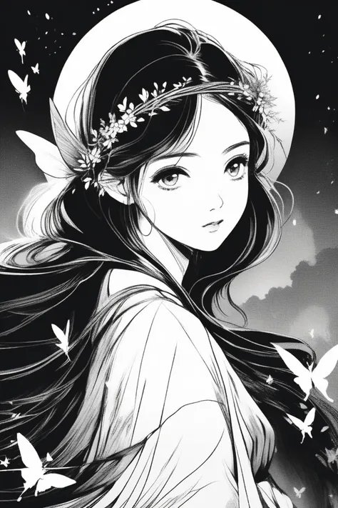 (best quality, sketch:1.2),realistic,illustrator, anime, fairy, magical, textured cropping, masterpiece, style retro classic, noir style , Japanese style,  ((monochrome))