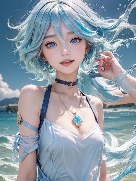 1girl、独奏、looking at the audience、smile、medium long hair、open mouth、bangs、blue eyes、bare shoulders、jewelry、upper body、blue hair、e...