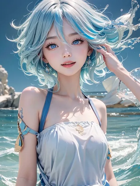 1girl、独奏、looking at the audience、smile、medium long hair、open mouth、bangs、blue eyes、bare shoulders、jewelry、upper body、blue hair、e...