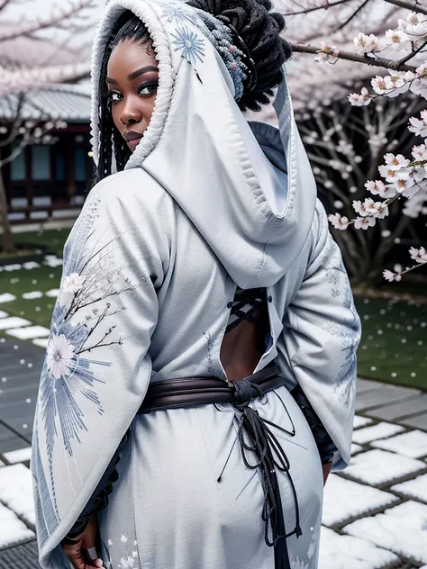 1 girl, samurai ice style, darkskin, very long platinum white hair, vibrant moonlight eyes, Long, detailed lashes, mitts, wide sleeves, , tassel, range, the most beautiful and detailed hooded kimono, Fur trim, curvy body type, perfect ass, thick-thighs, En...