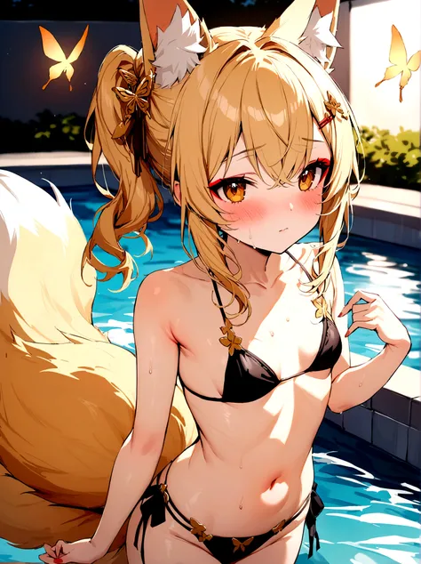 (masterpiece, best quality) junior,detailed, (beautiful,small breasts), blonde,long hair, side ponytail(tied to the left),Hairpin decoration with gold butterfly, elegant, (fox ears),nine tailed fox tail(9), red eyeshadow, golden eyes, femur,swimsuit(bikini...