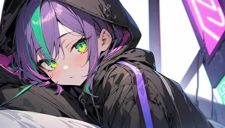 [(WHITE BACKGROUND:1.5),::5], ((((masterpiece)))), high quality, ultra very high resolution, full color, (((solo))), ((little boy)), Purple hair, ((Green streaked hair)), (Green eyes), anime, neon light, black parka, 