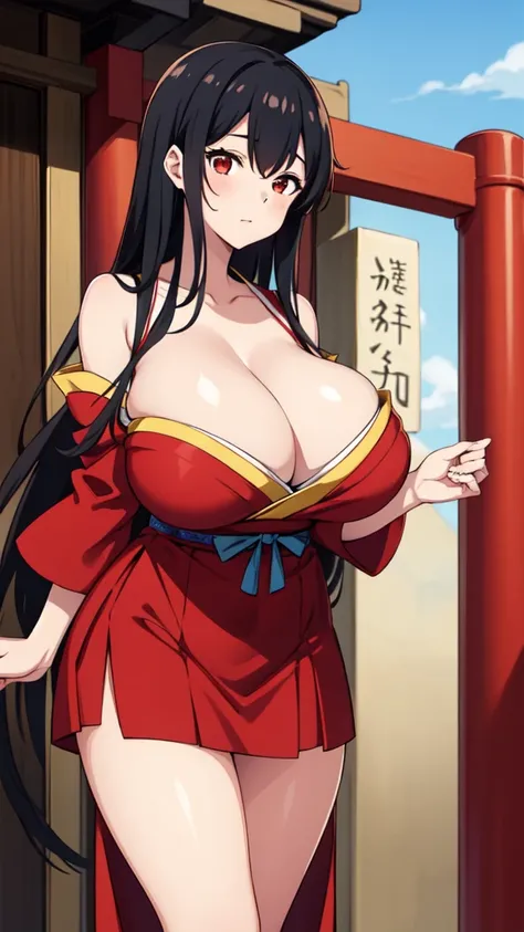 Girl in Japanese shrine maiden outfit, Huge breasts:1.6, Cleavage, Black Hair, Long Hair, Shoulder-exposing sleeves, open-chested costume, Short skirt, Red Skirt,