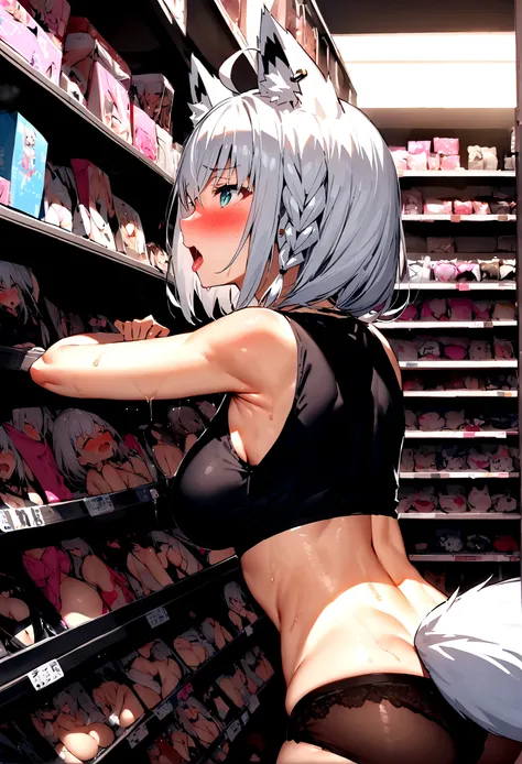 NSFW,masterpiece,Highest quality,High resolution,Super detailed,Shirakami Fubuki(Hololive),Gray Hair、One-sided braid、Ahoge、Earrings,Fox ears,Fox tail,Crop top shirt,Sleeveless,Embarrassed,blush,Expecting face,(Ecstasy face),(Adult Shop),(Underwear section)...