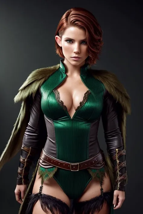 Gorgeous european woman with very short hair, short hair with a fringe, wet hair, hair slicked back, combed straight back, slick hair, streaked auburn hair, seductive pose, sophia bush, dressed in a green elf warrior costume, cleavage, solid dark grey back...