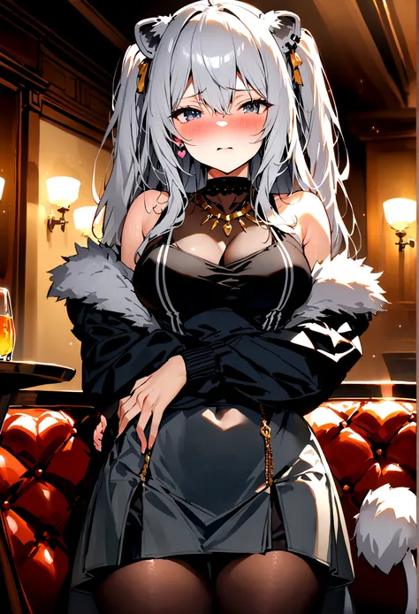 NSFW,masterpiece,Highest quality,High resolution,Super detailed,Shishirabotan(Hololive),Long Hair、Two Side Up、Earrings、Lion&#39;s Tail,necklace、Black Shirt、Sleeveless shirt、abdomen、See-through、Grey Skirt、片足pantyhose、pantyhose、fur-trimmed jacket、Black jacke...