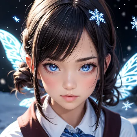 ExtremelyDetailed KAWAII SchoolGirls standing in (Sparkling snow dust), Stunning detailed eyes with (Sparkling Highlights:1.28), beautiful detailed lips, extremely detailed eyes and face, double eyelids with Detailed Long Eyelash, rosy cheeks, Radiant Pear...